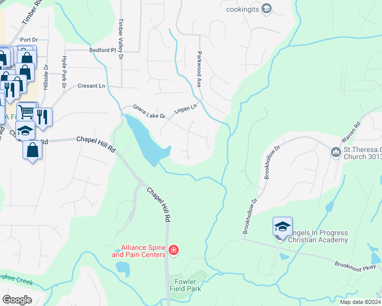 map of restaurants, bars, coffee shops, grocery stores, and more near 9600 Poplar Court in Douglasville