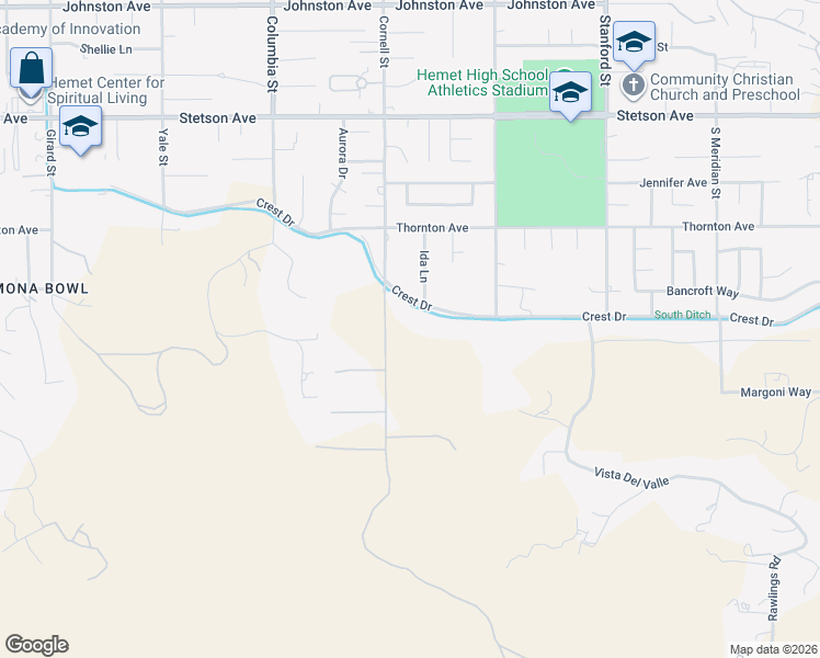 map of restaurants, bars, coffee shops, grocery stores, and more near 41301 Crest Drive in Hemet