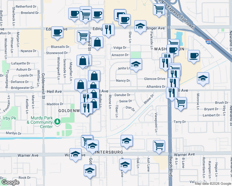 map of restaurants, bars, coffee shops, grocery stores, and more near 7612 Alhambra Drive in Huntington Beach