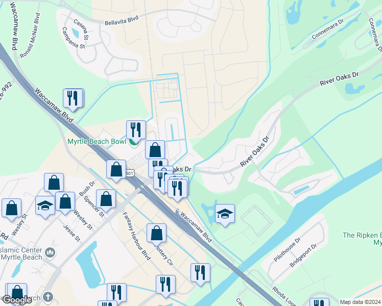 map of restaurants, bars, coffee shops, grocery stores, and more near 453 River Oaks Drive in Myrtle Beach