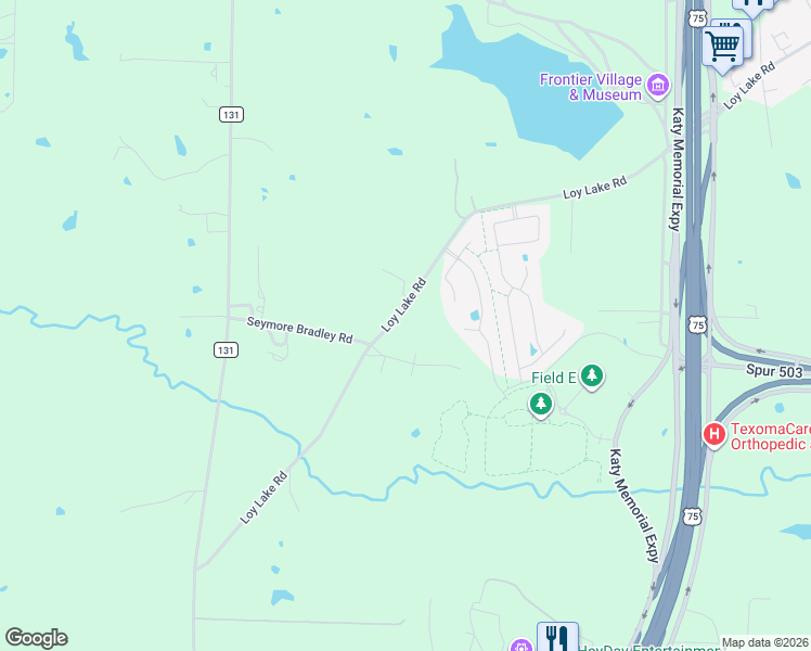 map of restaurants, bars, coffee shops, grocery stores, and more near 3905 Saddle Creek in Denison