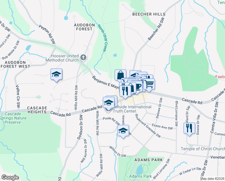 map of restaurants, bars, coffee shops, grocery stores, and more near 2410 Benjamin E Mays Drive Southwest in Atlanta