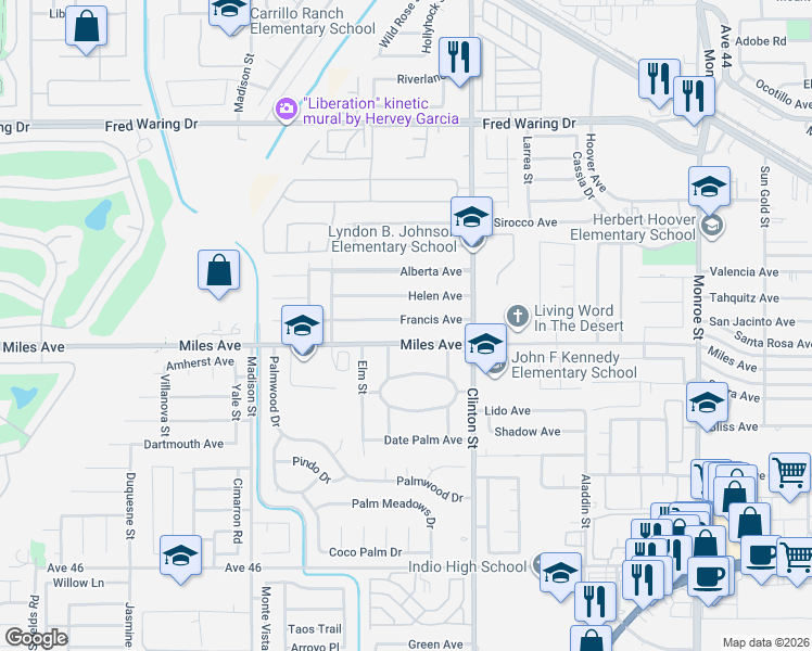 map of restaurants, bars, coffee shops, grocery stores, and more near 81341 Francis Avenue in Indio