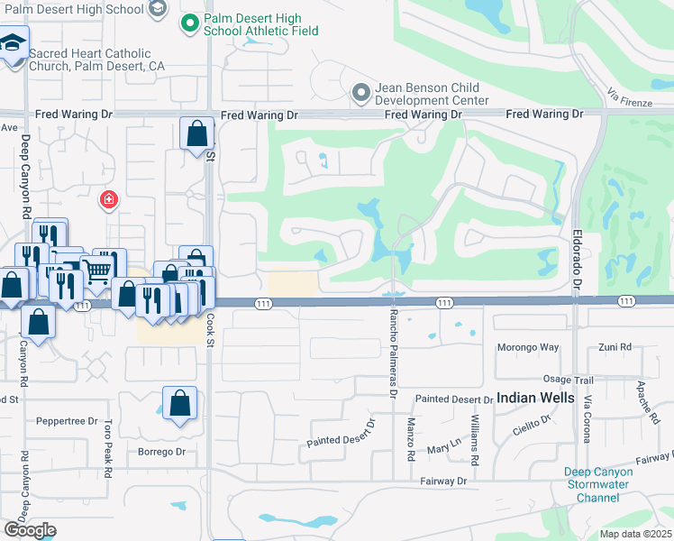 map of restaurants, bars, coffee shops, grocery stores, and more near 75385 Riviera Drive in Indian Wells