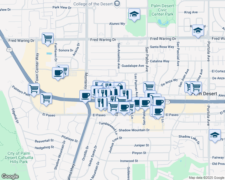 map of restaurants, bars, coffee shops, grocery stores, and more near 44780 San Clemente Circle in Palm Desert