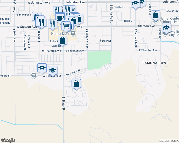 map of restaurants, bars, coffee shops, grocery stores, and more near 27450 South Buena Vista Street in Hemet