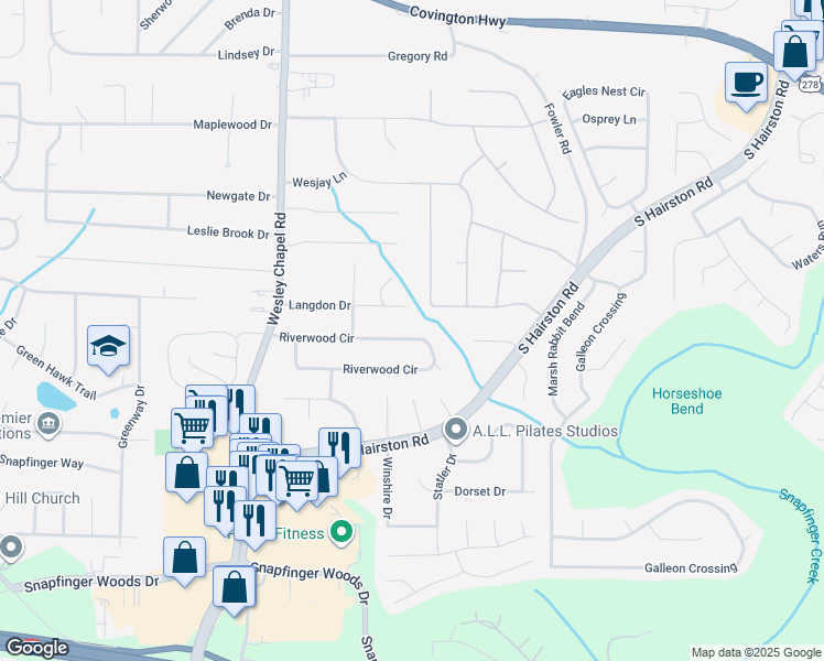 map of restaurants, bars, coffee shops, grocery stores, and more near 4421 Buckingham Circle in Decatur