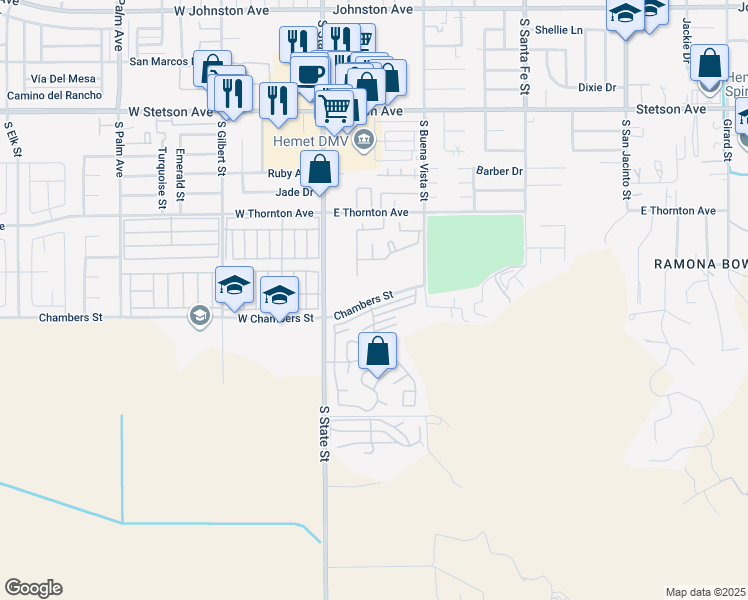 map of restaurants, bars, coffee shops, grocery stores, and more near 2 Chambers Street in Hemet
