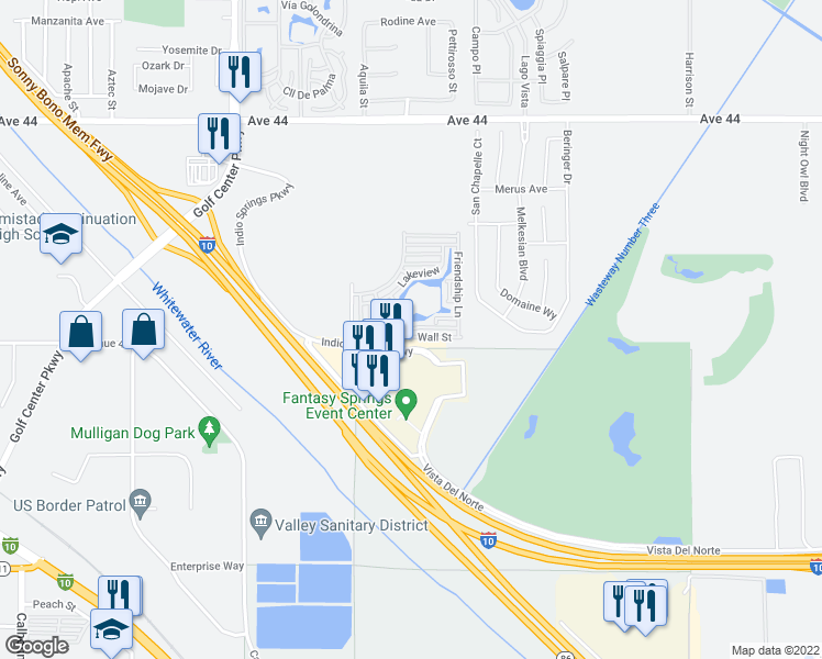 map of restaurants, bars, coffee shops, grocery stores, and more near Sunset Boulevard in Indio