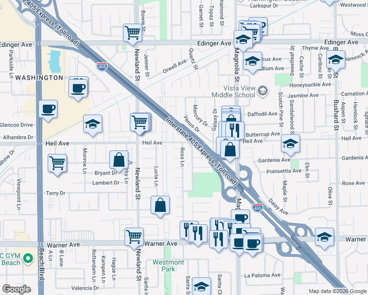 map of restaurants, bars, coffee shops, grocery stores, and more near 16512 Ross Lane in Huntington Beach
