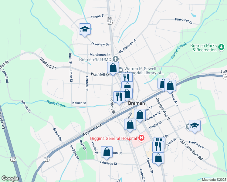 map of restaurants, bars, coffee shops, grocery stores, and more near 223 Gordon Street in Bremen