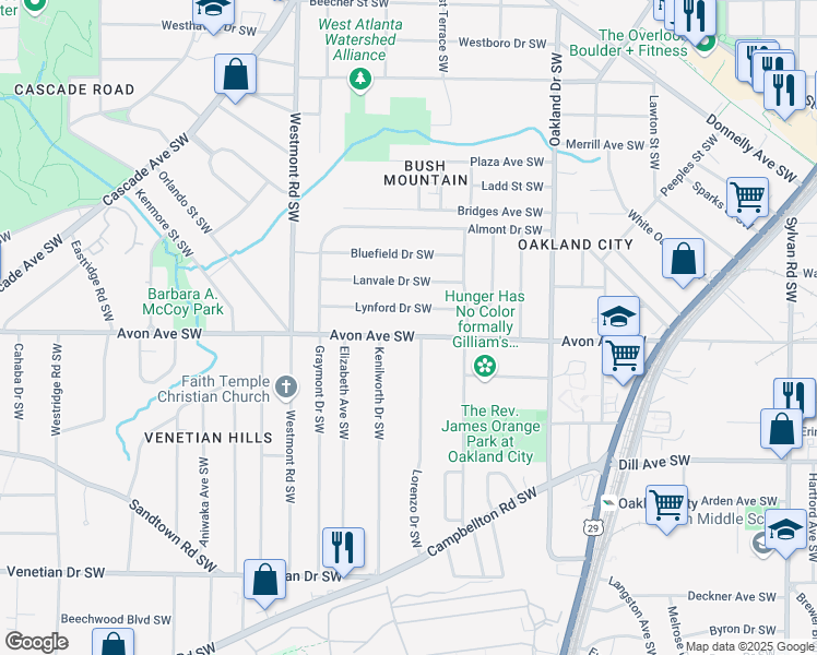 map of restaurants, bars, coffee shops, grocery stores, and more near 1390 Lynford Drive Southwest in Atlanta