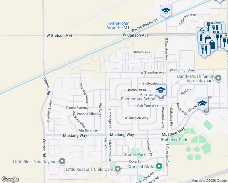 map of restaurants, bars, coffee shops, grocery stores, and more near 1445 Nutmey Lane in Hemet