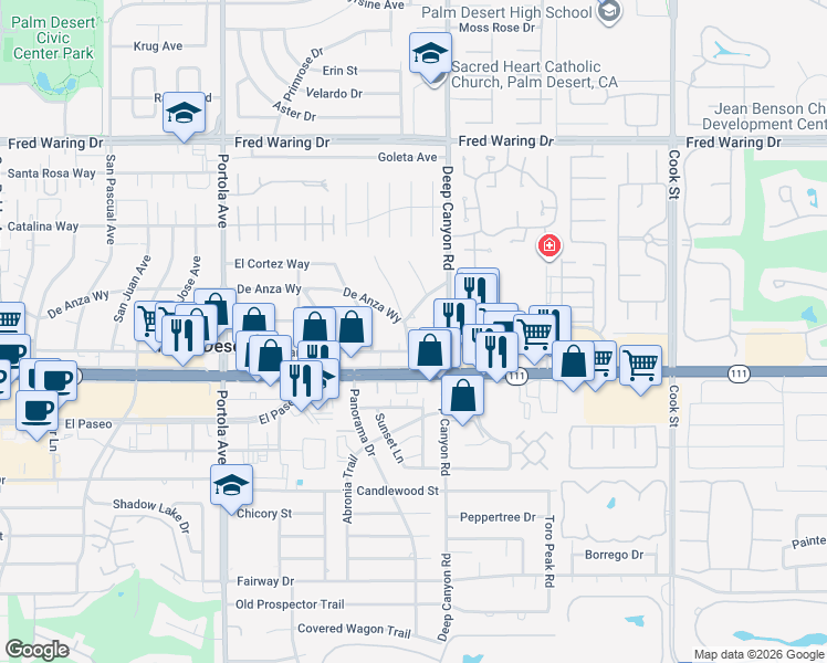 map of restaurants, bars, coffee shops, grocery stores, and more near 74451 De Anza Way in Palm Desert