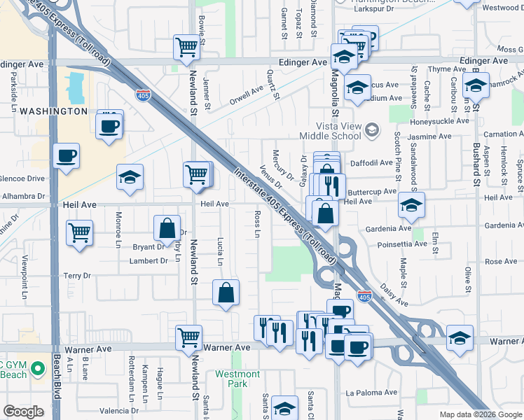 map of restaurants, bars, coffee shops, grocery stores, and more near 16512 Ross Lane in Huntington Beach