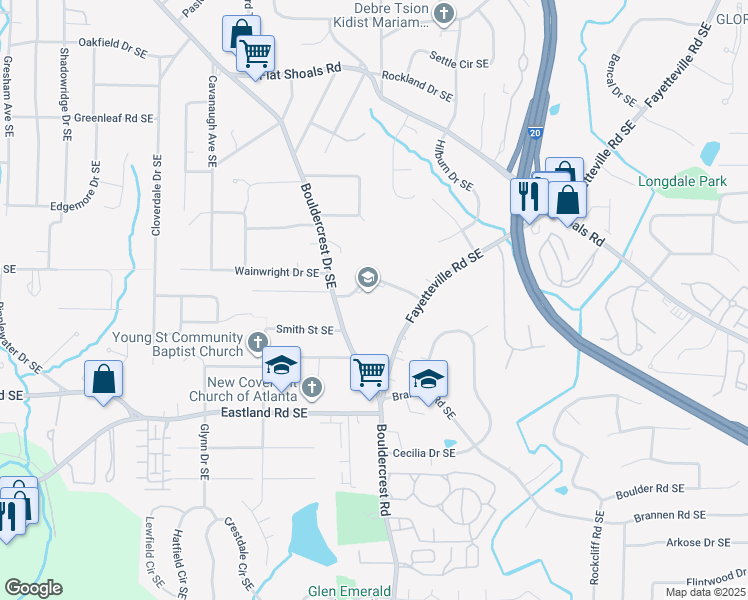 map of restaurants, bars, coffee shops, grocery stores, and more near 1757 Mary Dell Drive Southeast in Atlanta