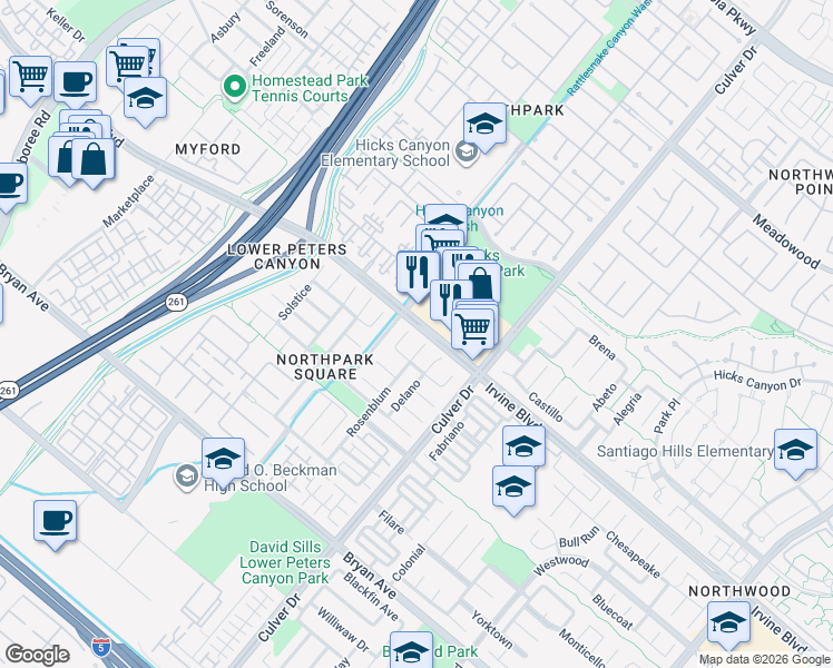 map of restaurants, bars, coffee shops, grocery stores, and more near 1 Dos Rios in Irvine