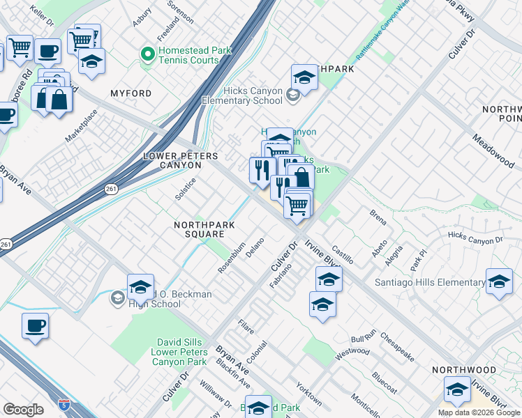 map of restaurants, bars, coffee shops, grocery stores, and more near 1 Dos Rios in Irvine