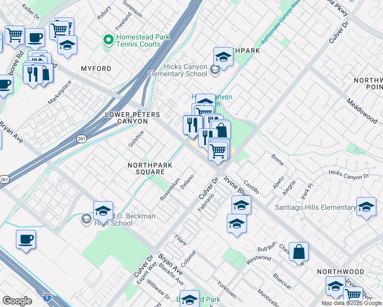 map of restaurants, bars, coffee shops, grocery stores, and more near 2 Dos Rios in Irvine