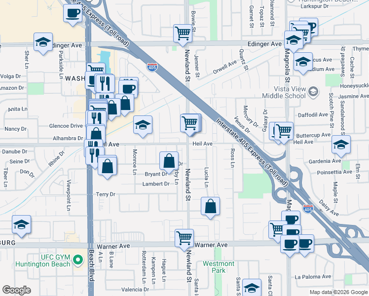 map of restaurants, bars, coffee shops, grocery stores, and more near 16511 Newland Street in Huntington Beach