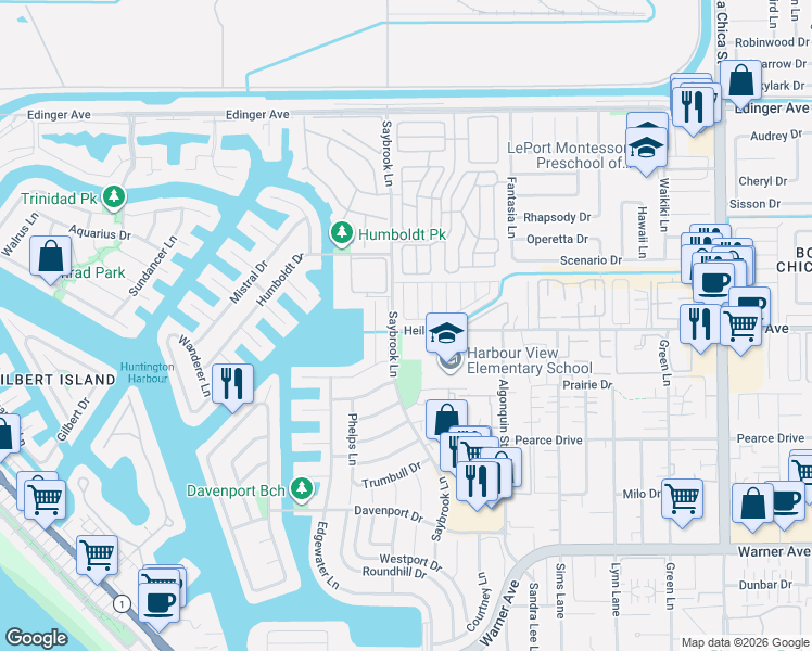 map of restaurants, bars, coffee shops, grocery stores, and more near 16471 Napili Lane in Huntington Beach