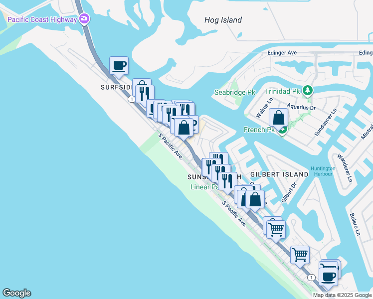 map of restaurants, bars, coffee shops, grocery stores, and more near 16450 Pacific Coast Highway in Huntington Beach