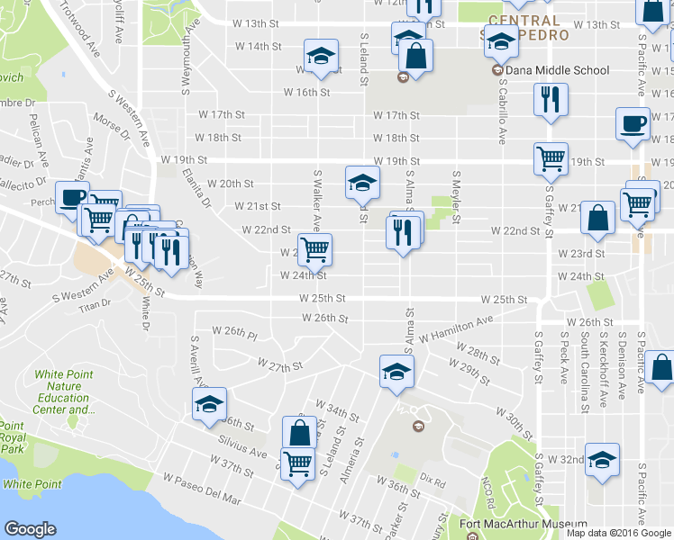 map of restaurants, bars, coffee shops, grocery stores, and more near 1127 West 23rd Street in Los Angeles