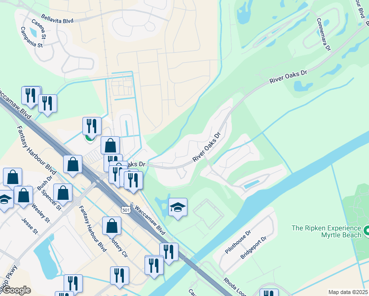 map of restaurants, bars, coffee shops, grocery stores, and more near 20 White River Drive in Myrtle Beach