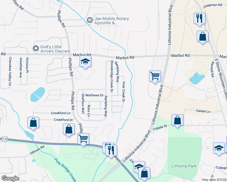 map of restaurants, bars, coffee shops, grocery stores, and more near 3034 Stonebridge Creek Drive in Lithonia
