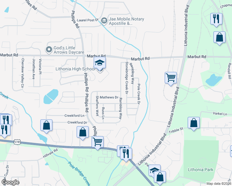 map of restaurants, bars, coffee shops, grocery stores, and more near 2214 Rambling Way in Lithonia