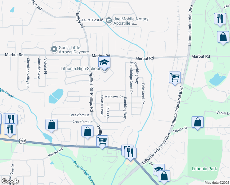 map of restaurants, bars, coffee shops, grocery stores, and more near 2221 Rambling Way in Lithonia