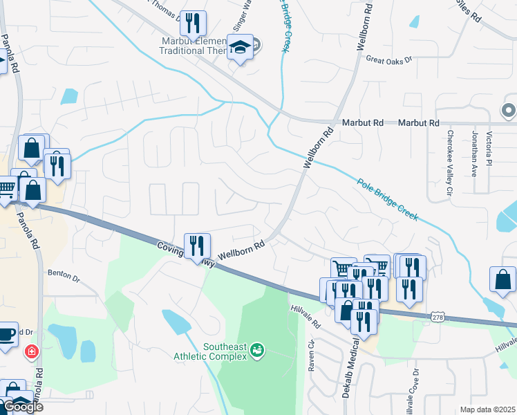 map of restaurants, bars, coffee shops, grocery stores, and more near 5816 Wind Gate Lane in Lithonia