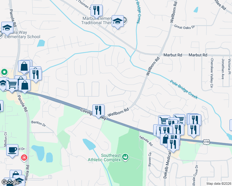 map of restaurants, bars, coffee shops, grocery stores, and more near 5753 Wind Gate Lane in Lithonia