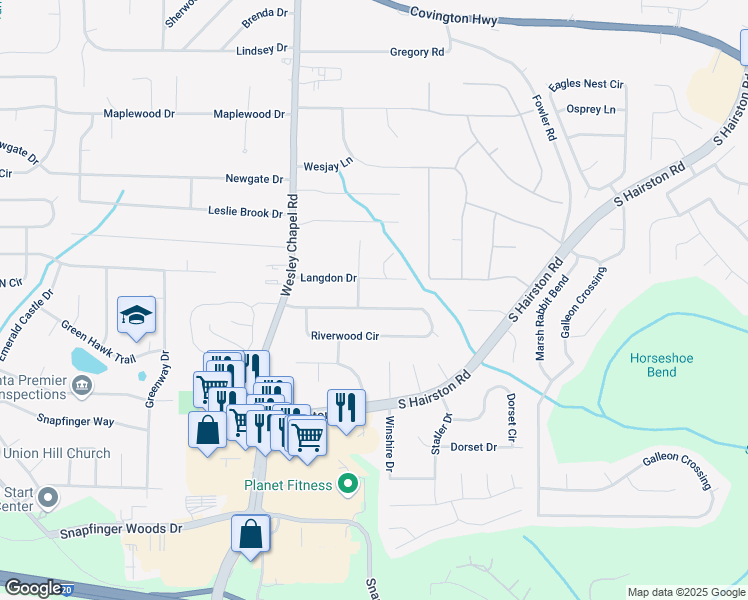 map of restaurants, bars, coffee shops, grocery stores, and more near 4376 Riverwood Circle in Decatur