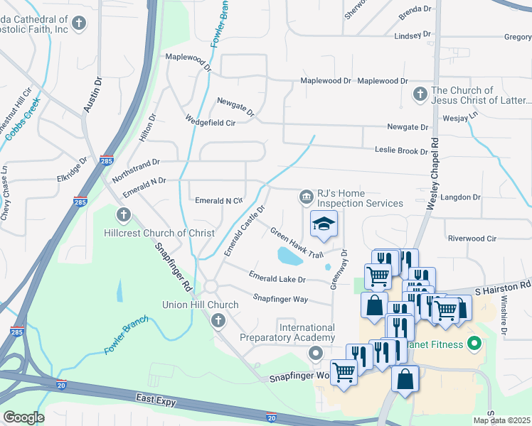map of restaurants, bars, coffee shops, grocery stores, and more near 2228 Emerald Castle Drive in Decatur