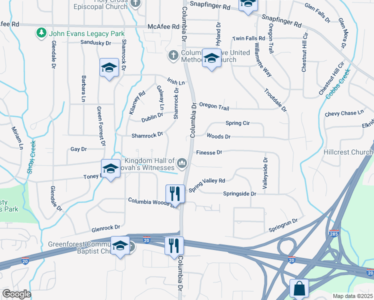 map of restaurants, bars, coffee shops, grocery stores, and more near 2257 Columbia Drive in Decatur