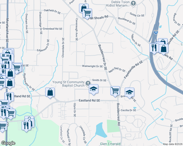 map of restaurants, bars, coffee shops, grocery stores, and more near 1373 Orange Blossom Terrace Southeast in Atlanta