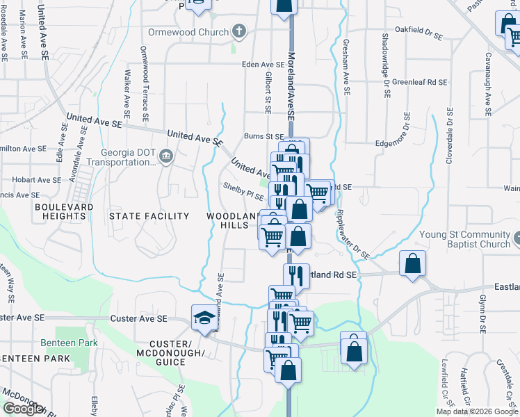 map of restaurants, bars, coffee shops, grocery stores, and more near 1121 Shelby Place Southeast in Atlanta