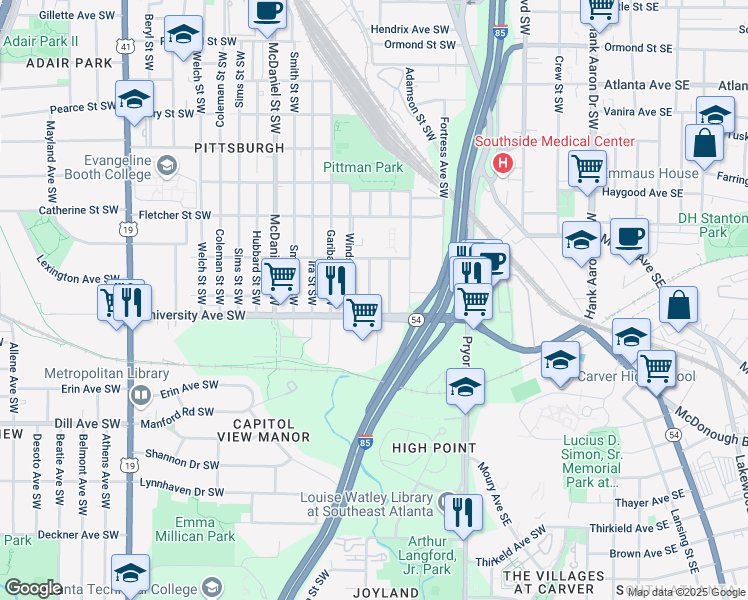 map of restaurants, bars, coffee shops, grocery stores, and more near 1176 Booker Avenue Southwest in Atlanta