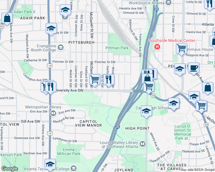 map of restaurants, bars, coffee shops, grocery stores, and more near 1166 Garibaldi Street Southwest in Atlanta