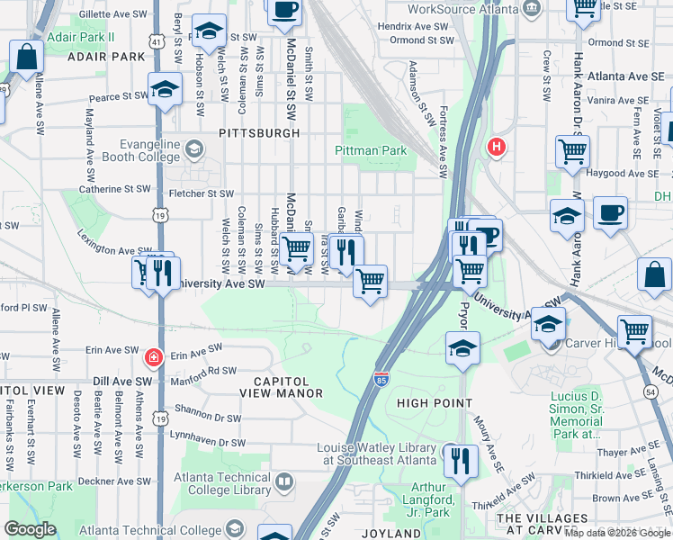 map of restaurants, bars, coffee shops, grocery stores, and more near 1166 Garibaldi Street Southwest in Atlanta