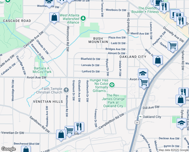 map of restaurants, bars, coffee shops, grocery stores, and more near 1390 Lynford Drive Southwest in Atlanta