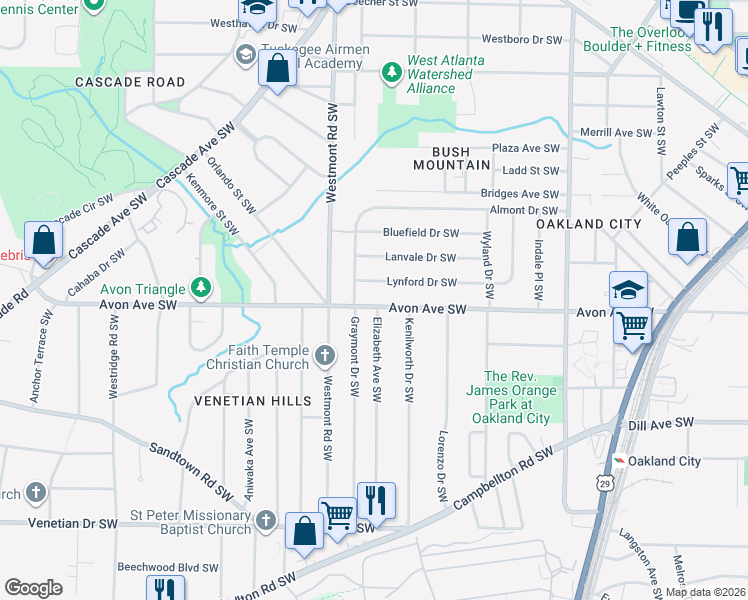 map of restaurants, bars, coffee shops, grocery stores, and more near 1436 Lynford Drive Southwest in Atlanta