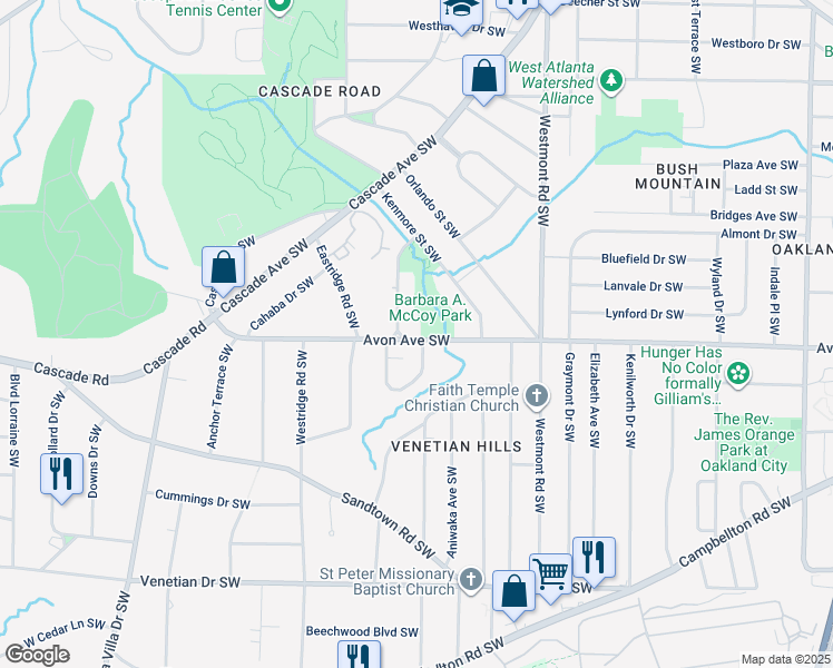 map of restaurants, bars, coffee shops, grocery stores, and more near 1188 Chatham Avenue Southwest in Atlanta