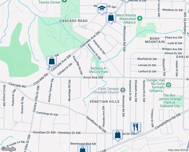 map of restaurants, bars, coffee shops, grocery stores, and more near 1675 Avon Avenue Southwest in Atlanta