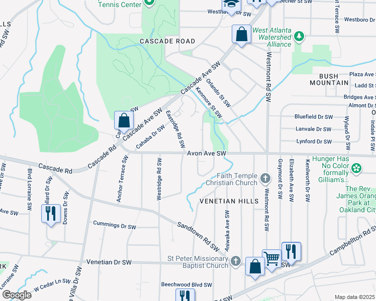 map of restaurants, bars, coffee shops, grocery stores, and more near 1195 Chatham Avenue Southwest in Atlanta