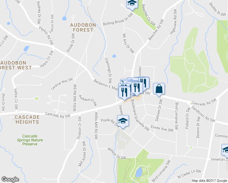 map of restaurants, bars, coffee shops, grocery stores, and more near 2410 Benjamin E Mays Drive Southwest in Atlanta