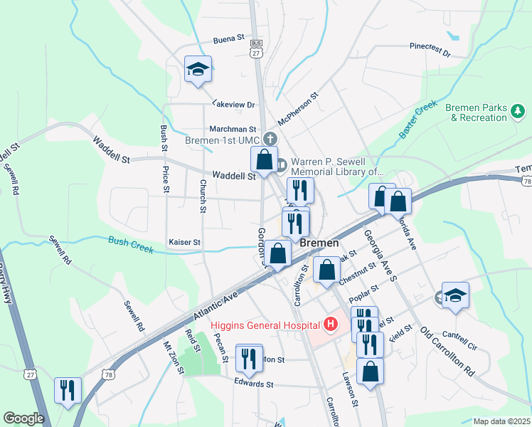 map of restaurants, bars, coffee shops, grocery stores, and more near 223 Gordon Street in Bremen