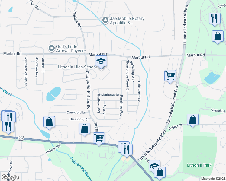 map of restaurants, bars, coffee shops, grocery stores, and more near 2221 Rambling Way in Lithonia