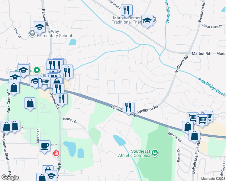 map of restaurants, bars, coffee shops, grocery stores, and more near 5538 Strathmoor Manor Circle in Lithonia
